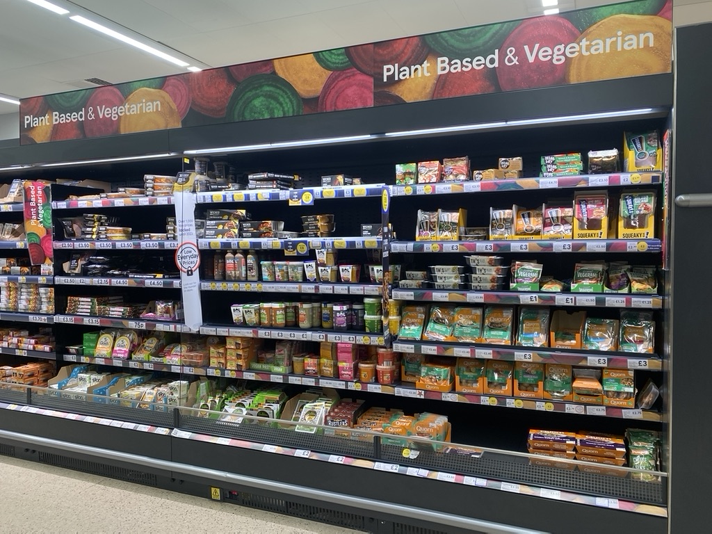 Signing for plant Based and vegetarian products in Tesco Supermarket